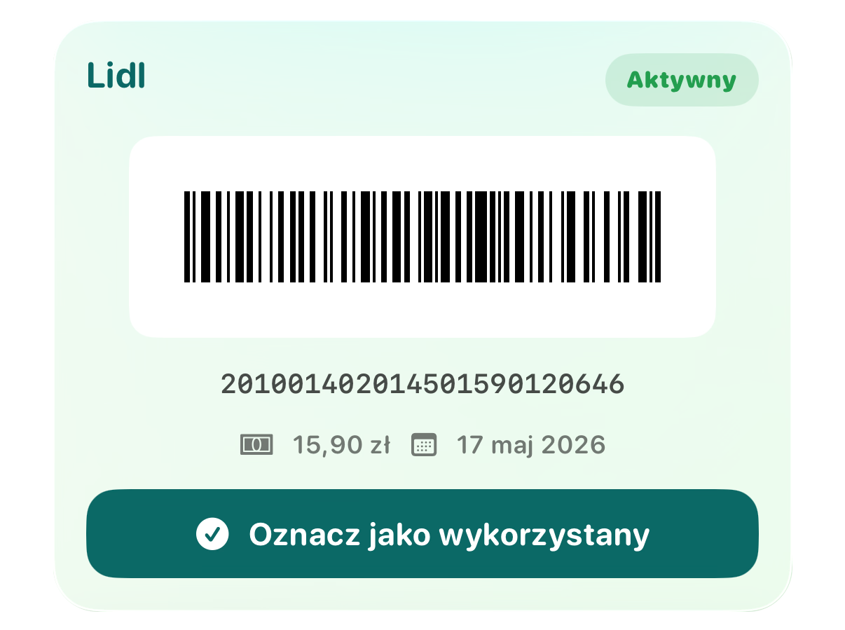 Przykładowy kupon z butelkomatu zapisany jako kod w telefonie